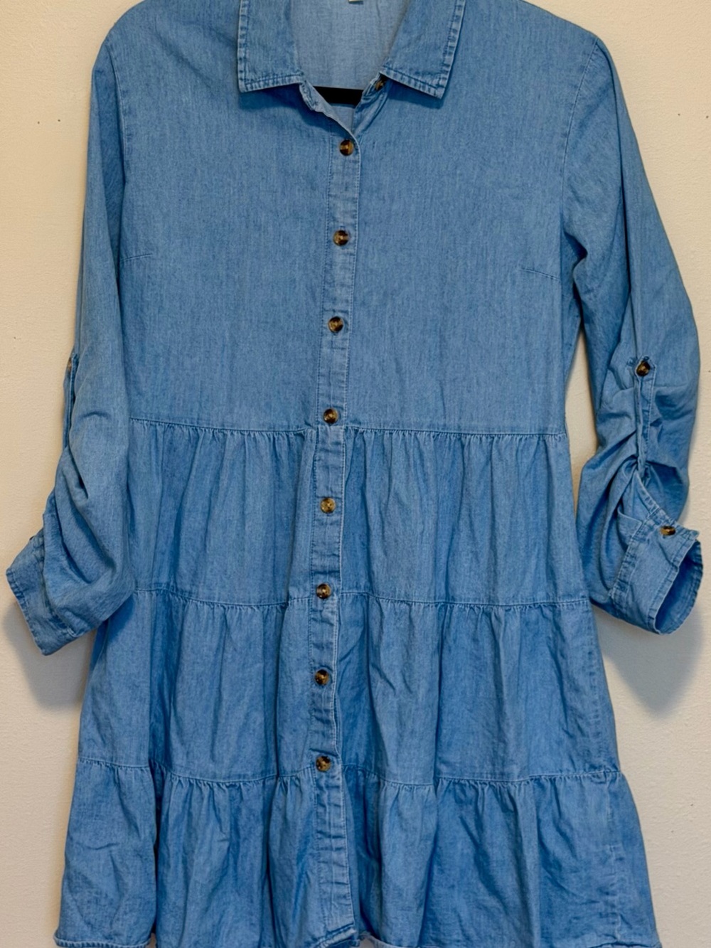 Dizzire Chambray Tiered Babydoll Button Front Tunic Top Size M